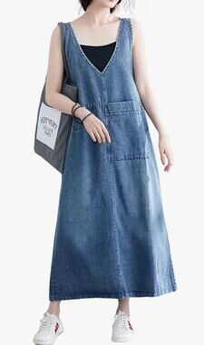 Summer Loose Denim Dress Casual A-Line Maxi Long Denim Dress Tank Sundress